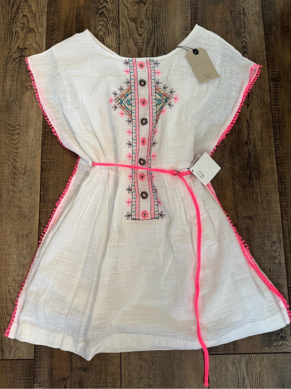 NWT Vintage Zara Girls Embroidered Boho Kaftan Dress Size 11/12 White Neon Pink